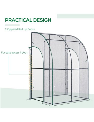 Outsunny Walk-In Greenhouse Lean to Wall Tunnel Greenhouse with Zippered Roll Up Door PVC Cover Sloping Top, 143 x 118 x 212 cm 