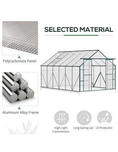 Outsunny Aluminium Greenhouse Polycarbonate Walk-in Garden Greenhouse Kit with Adjustable Roof Vent, Rain Gutter and Foundation,