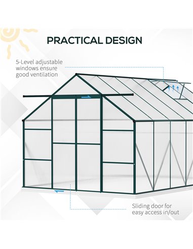 Outsunny Aluminium Greenhouse Polycarbonate Walk-in Garden Greenhouse Kit with Adjustable Roof Vent, Rain Gutter and Foundation,