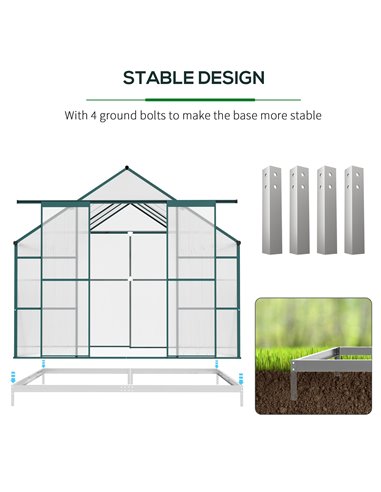 Outsunny Aluminium Greenhouse Polycarbonate Walk-in Garden Greenhouse Kit with Adjustable Roof Vent, Rain Gutter and Foundation,