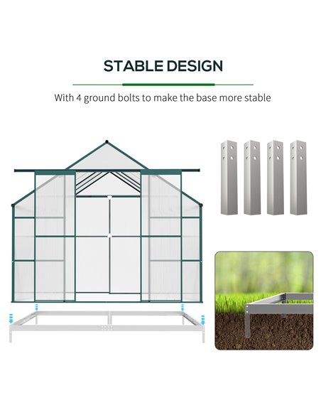 Outsunny Aluminium Greenhouse Polycarbonate Walk-in Garden Greenhouse Kit with Adjustable Roof Vent, Rain Gutter and Foundation, - pic 38456 | FastDaddyshop