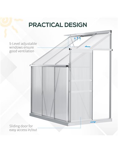 Outsunny Walk-In Greenhouse Lean to Wall Polycarbonate Garden Greenhouse with Adjustable Roof Vent, Rain Gutter and Sliding Door