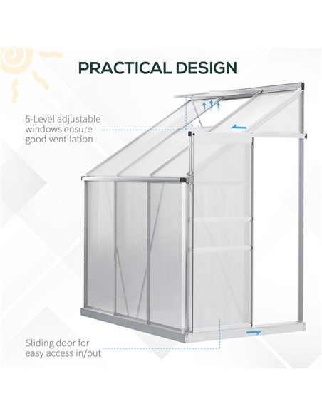 Outsunny Walk-In Greenhouse Lean to Wall Polycarbonate Garden Greenhouse with Adjustable Roof Vent, Rain Gutter and Sliding Door - pic 38482 | FastDaddyshop