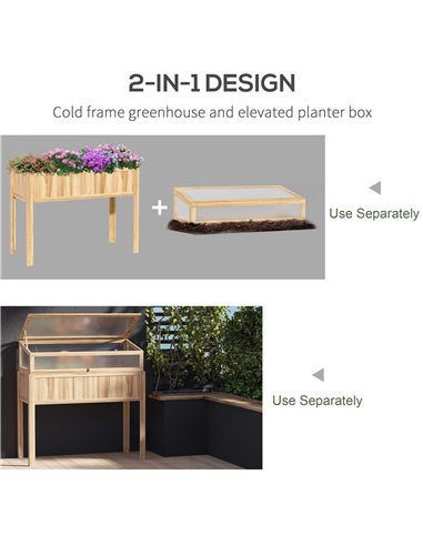 Outsunny Raised Garden Bed 2-IN-1 Wood Cold Frame Greenhouse, Natural 845-655ND