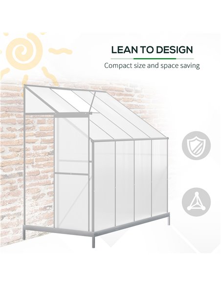 Outsunny Walk-In Lean to Greenhouse Garden Heavy Duty Aluminium Polycarbonate with Roof Vent for Plants Herbs Vegetables, Silver - pic 38638 | FastDaddyshop