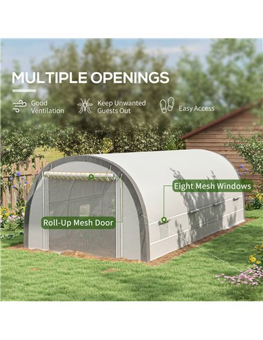 Outsunny 6 x 3(m) Polytunnel Greenhouse with Upgraded Structure, Mesh Door and Windows, 15 Plant Labels, White 845-921V00WT
