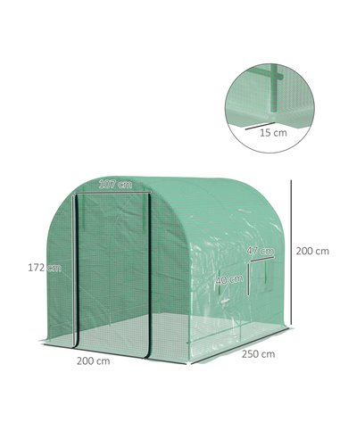 Outsunny 2.5 x 2m Walk-In Polytunnel Greenhouse, with Steel Frame, PE Cover, Roll-Up Door and 4 Windows, Green 845-014V01GN