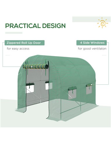 Outsunny 2.5 x 2m Walk-In Polytunnel Greenhouse, with Steel Frame, PE Cover, Roll-Up Door and 4 Windows, Green 845-014V01GN