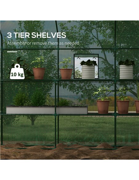 Outsunny Walk-in Greenhouse w/ 3 Tier Shelves, Green House Garden Grow House w/ PE Cover, Roll-up Door, Mesh Windows, 140 x 213  - pic 39120 | FastDaddyshop