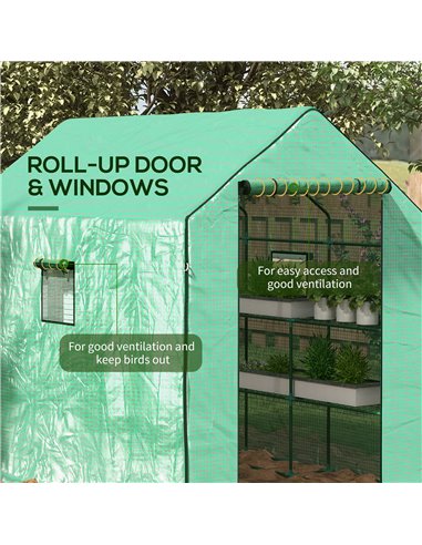 Outsunny Walk-in Greenhouse w/ 3 Tier Shelves, Green House Garden Grow House w/ PE Cover, Roll-up Door, Mesh Windows, 140 x 213 