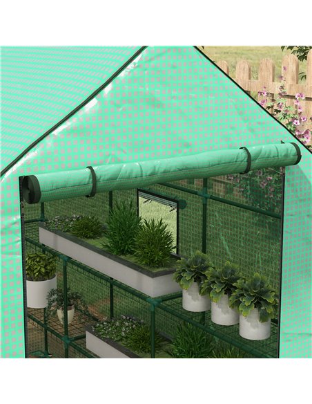 Outsunny Walk-in Greenhouse w/ 3 Tier Shelves, Green House Garden Grow House w/ PE Cover, Roll-up Door, Mesh Windows, 140 x 213  - pic 39124 | FastDaddyshop