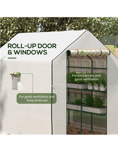 Outsunny Walk-in Greenhouse w/ 3 Tier Shelves, Green House Garden Grow House w/ PE Cover, Roll-up Door, Mesh Windows, 140 x 213 