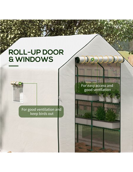Outsunny Walk-in Greenhouse w/ 3 Tier Shelves, Green House Garden Grow House w/ PE Cover, Roll-up Door, Mesh Windows, 140 x 213  - pic 39158 | FastDaddyshop