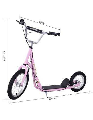 HOMCOM Air Tyre Scooter Adult Teen Push Scooter With Tyres Kids Stunt Scooter Ride On Alloy Wheel Pneumatic Tyres Pink