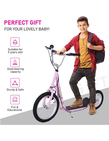 HOMCOM Air Tyre Scooter Adult Teen Push Scooter With Tyres Kids Stunt Scooter Ride On Alloy Wheel Pneumatic Tyres Pink