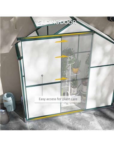 Outsunny 6 x 2.5ft Polycarbonate Greenhouse Walk-In Green House with Rain Gutter, Sliding Door, Window, Foundation, Green 845-95