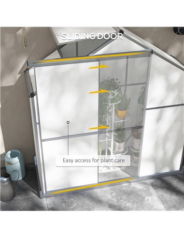 Outsunny 6 x 2.5ft Polycarbonate Greenhouse Walk-In Green House with Rain Gutter, Sliding Door, Window, Foundation, Silver 845-9