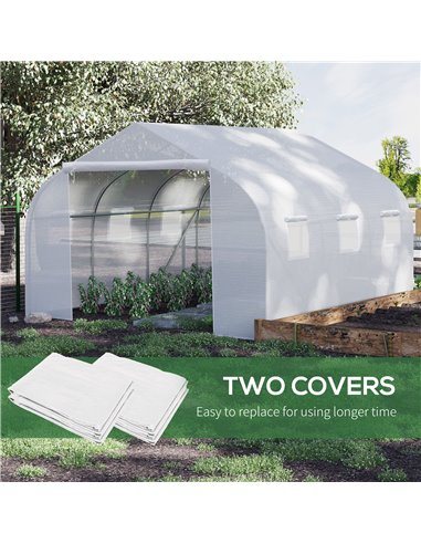 Outsunny Walk-In Tunnel Greenhouse with Replacement Cover, Outdoor Growhouse with PE Cover, Roll Up Door and 6 Windows, 4.5 x 3 
