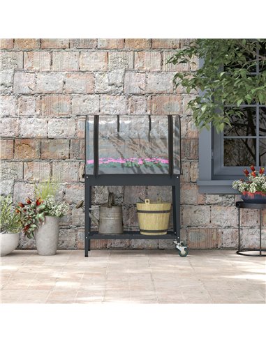 Outsunny Raised Planter with Greenhouse Cover, Mobile Elevated Garden Bed with Wheels and Bottom Shelf for Vegetables, Dark Grey