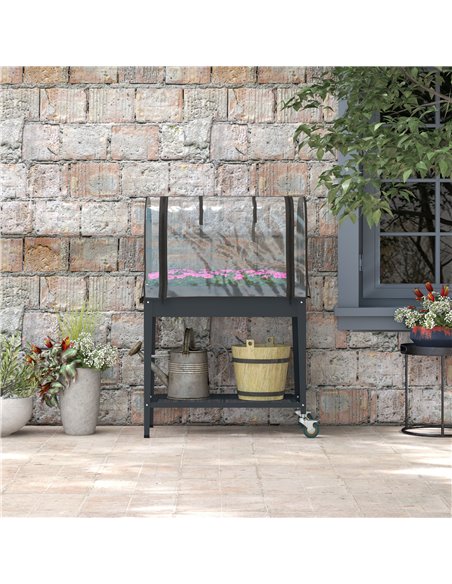 Outsunny Raised Planter with Greenhouse Cover, Mobile Elevated Garden Bed with Wheels and Bottom Shelf for Vegetables, Dark Grey - pic 39367 | FastDaddyshop