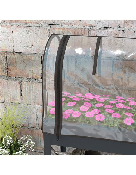 Outsunny Raised Planter with Greenhouse Cover, Mobile Elevated Garden Bed with Wheels and Bottom Shelf for Vegetables, Dark Grey - pic 39368 | FastDaddyshop