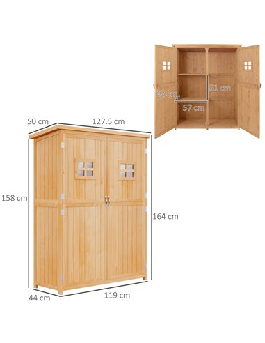 Outsunny Wooden Garden Storage Shed Tool Cabinet Organiser with Shelves, Two Windows, 127.5 x 50 x 164 cm, Natural 845-210