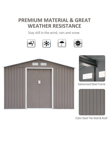Outsunny 9 x 6 ft Metal Garden Storage Shed Sloped Roof Tool House with Foundation Ventilation & Double Door, Grey 845-031GY