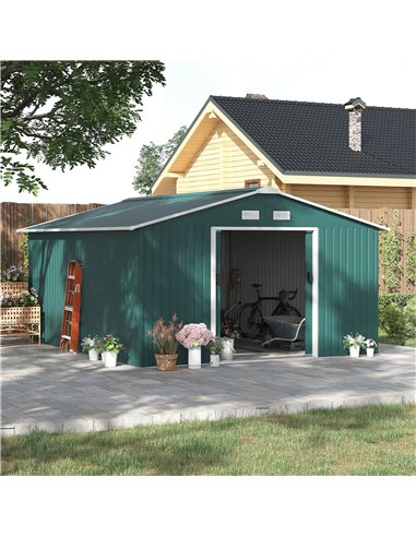 Outsunny 13 x 11 ft Metal Garden Shed, Roofed Tool Storage Box, Deep Green 845-031V01GN