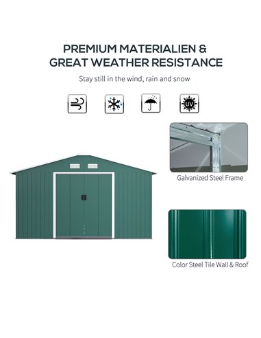 Outsunny 13 x 11 ft Metal Garden Shed Large Patio Roofed Tool Storage Box with Ventilation and Sliding Door, Deep Green 845-031V
