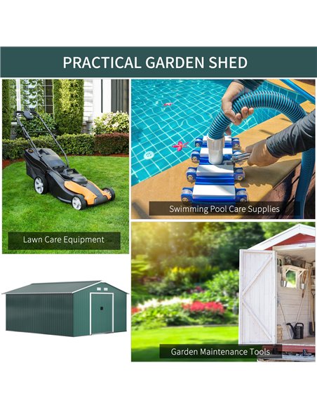 Outsunny 13 x 11 ft Metal Garden Shed Large Patio Roofed Tool Storage Box with Ventilation and Sliding Door, Deep Green 845-031V - pic 39545 | FastDaddyshop