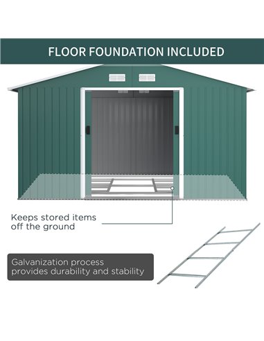 Outsunny 13 x 11 ft Metal Garden Shed Large Patio Roofed Tool Storage Box with Ventilation and Sliding Door, Deep Green 845-031V