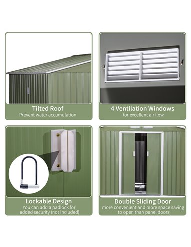 Outsunny 9 x 6 ft Metal Garden Storage Shed Corrugated Steel Roofed Tool Box with Foundation Ventilation and Doors, Light Green 