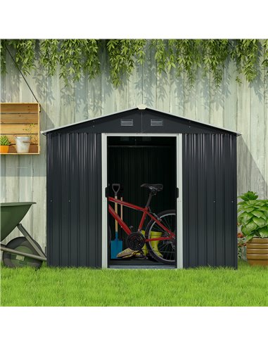 Outsunny 8 x 6ft Garden Storage Shed Double Door Ventilation Windows Sloped Roof Outdoor Equipment Tool, Grey 845-429GY