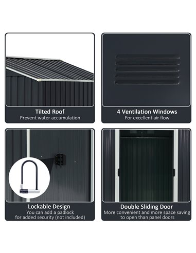 Outsunny 8 x 6ft Garden Storage Shed Double Door Ventilation Windows Sloped Roof Outdoor Equipment Tool, Grey 845-429GY