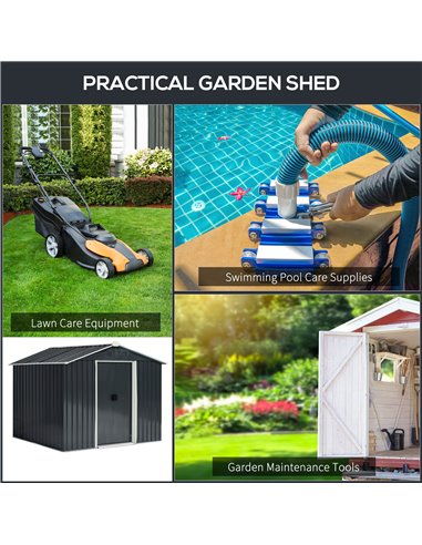 Outsunny 8 x 6ft Garden Storage Shed Double Door Ventilation Windows Sloped Roof Outdoor Equipment Tool, Grey 845-429GY