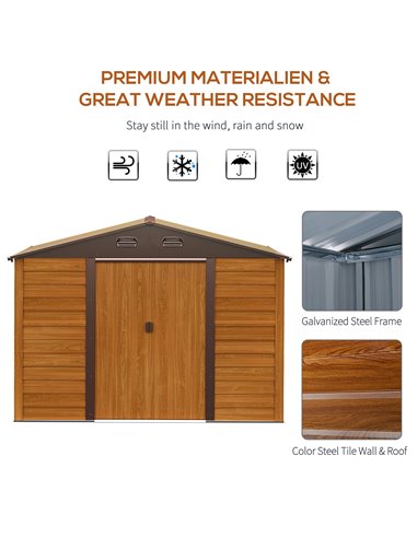 Outsunny 9 x 6.5 ft Metal Garden Storage Shed Apex Store for Gardening Tool with Foundation and Ventilation, Brown with Wood Gra