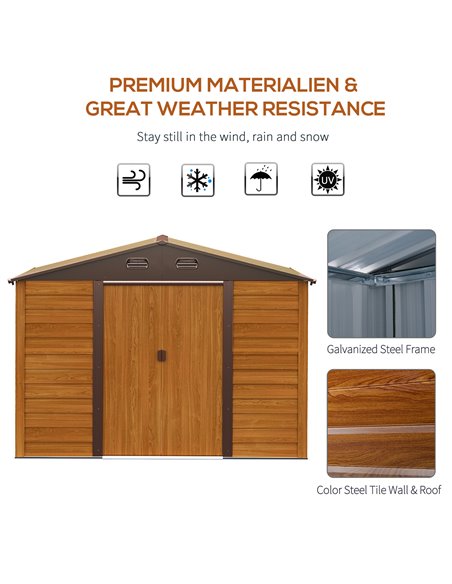 Outsunny 9 x 6.5 ft Metal Garden Storage Shed Apex Store for Gardening Tool with Foundation and Ventilation, Brown with Wood Gra - pic 39588 | FastDaddyshop
