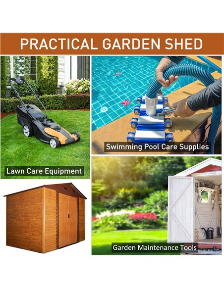 Outsunny 9 x 6.5 ft Metal Garden Storage Shed Apex Store for Gardening Tool with Foundation and Ventilation, Brown with Wood Gra - pic 39589 | FastDaddyshop