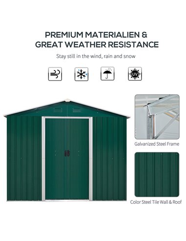 Outsunny 8 x 6 ft Metal Garden Storage Shed Corrugated Steel Roofed Tool Box with Ventilation and Sliding Doors, Green 845-429GN