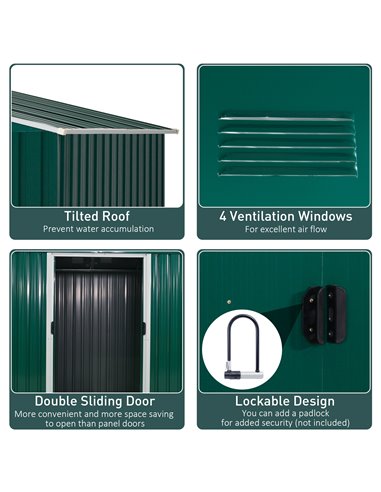 Outsunny 8 x 6 ft Metal Garden Storage Shed Corrugated Steel Roofed Tool Box with Ventilation and Sliding Doors, Green 845-429GN