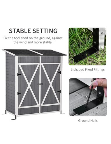 Outsunny Garden Wood Storage Shed w/ Storage Table, Hooks and Ground Nails Multifunction Lockable Sheds Tool Organizer, 139 x 75