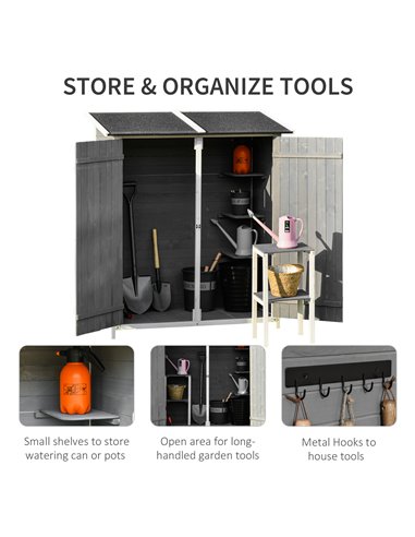 Outsunny Garden Wood Storage Shed w/ Storage Table, Hooks and Ground Nails Multifunction Lockable Sheds Tool Organizer, 139 x 75