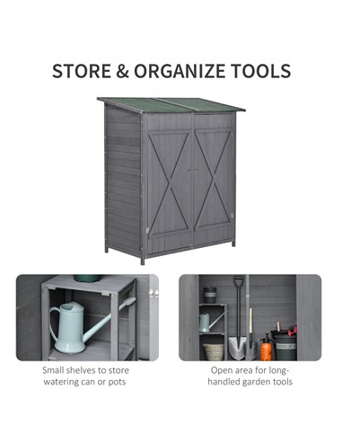 Outsunny Wooden Garden Storage Shed Lockable Tool Cabinet Organizer w/ Storage Table, Double Door, 139 x 75 x 160 cm, Grey 845-3