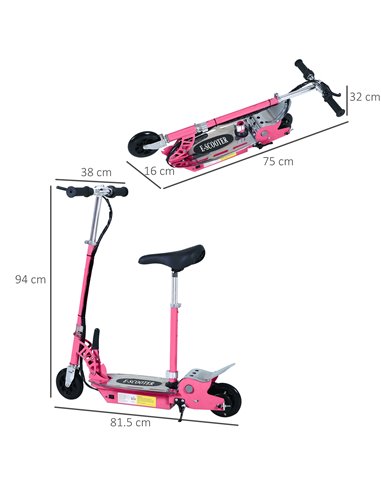 HOMCOM 120W Teens Foldable Kids Powered Scooters 24V Rechargeable Battery Adjustable Ride on Outdoor Toy (Pink)