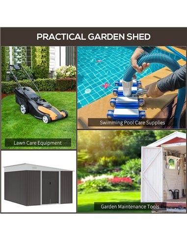 Outsunny 11 x 9 ft Metal Garden Storage Shed Sloped roof Tool House with Double Sliding Doors and 2 Air Vents, Grey 845-529GY