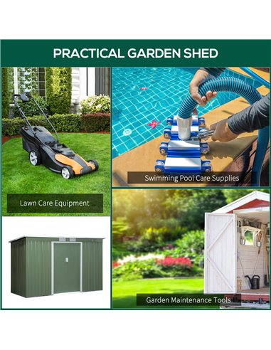 Outsunny 9 x 4.5 ft Pent Roof Metal Garden Storage Shed Corrugated Steel Tool Box with Foundation Ventilation & Doors, Light Gre