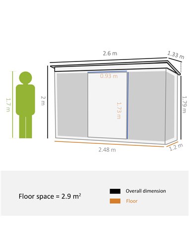 Outsunny Pent Roofed Metal Garden Shed House Hut Gardening Tool Storage w/ Ventilation 260L x 133W x 200Hcm 845-173V01GN