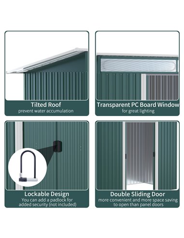 Outsunny Pent Roofed Metal Garden Shed House Hut Gardening Tool Storage w/ Ventilation 260L x 133W x 200Hcm 845-173V01GN