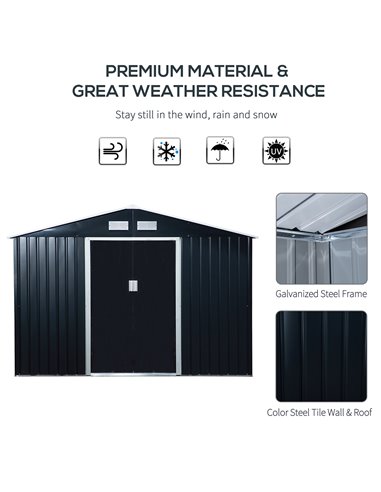 Outsunny 9 x 6FT Outdoor Garden Roofed Metal Storage Shed Tool Box with Foundation Ventilation & Doors, Dark Grey 845-031CG