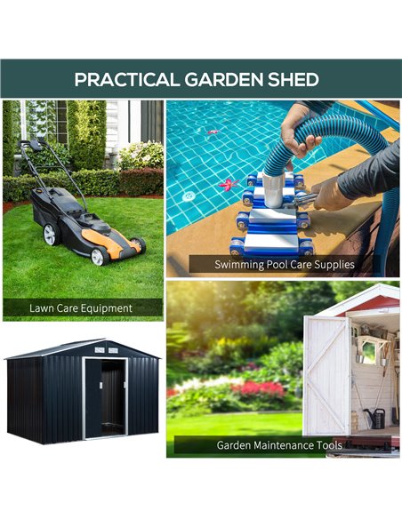 Outsunny 9 x 6FT Outdoor Garden Roofed Metal Storage Shed Tool Box with Foundation Ventilation & Doors, Dark Grey 845-031CG - pic 39888 | FastDaddyshop